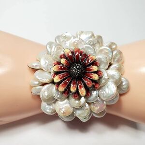 Freshwater Pearl and Sterling Silver Artisan Cuff Bracelet Statement Piece